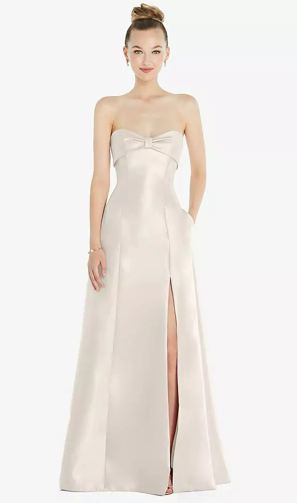 Bow Cuff Strapless Satin Ball Gown with Pockets in Ivory | The Dessy Group