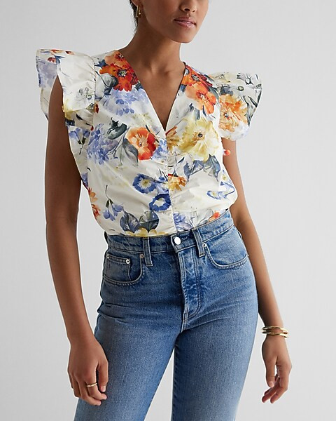 Floral V-Neck Flutter Sleeve Ruched Top | Express