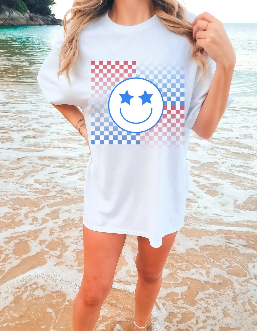 Happy Face Checkered, 4th of July Shirt, Oversized Shirt, Red White and Blue Tshirt, Vacation Tsh... | Etsy (US)