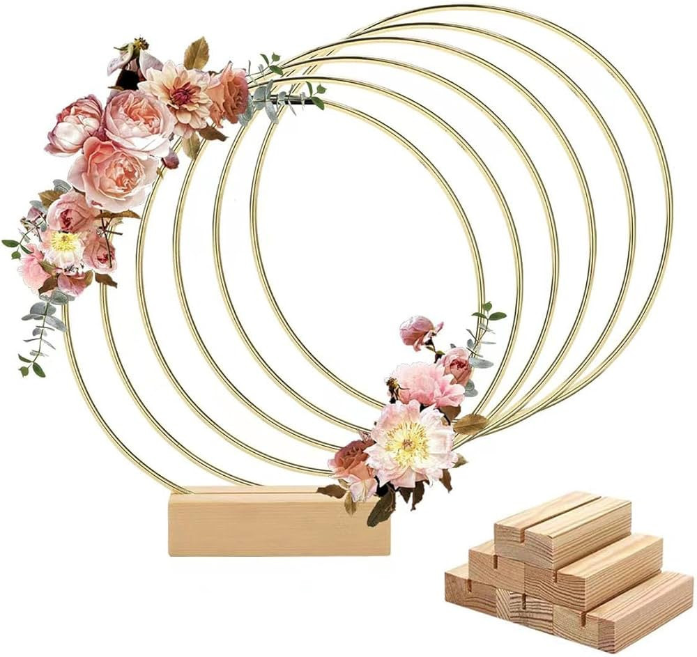 Worown 6 Pack 8 Inch Metal Floral Hoop Centerpiece with Wooden Stand for Table, Gold Rings Making... | Amazon (US)