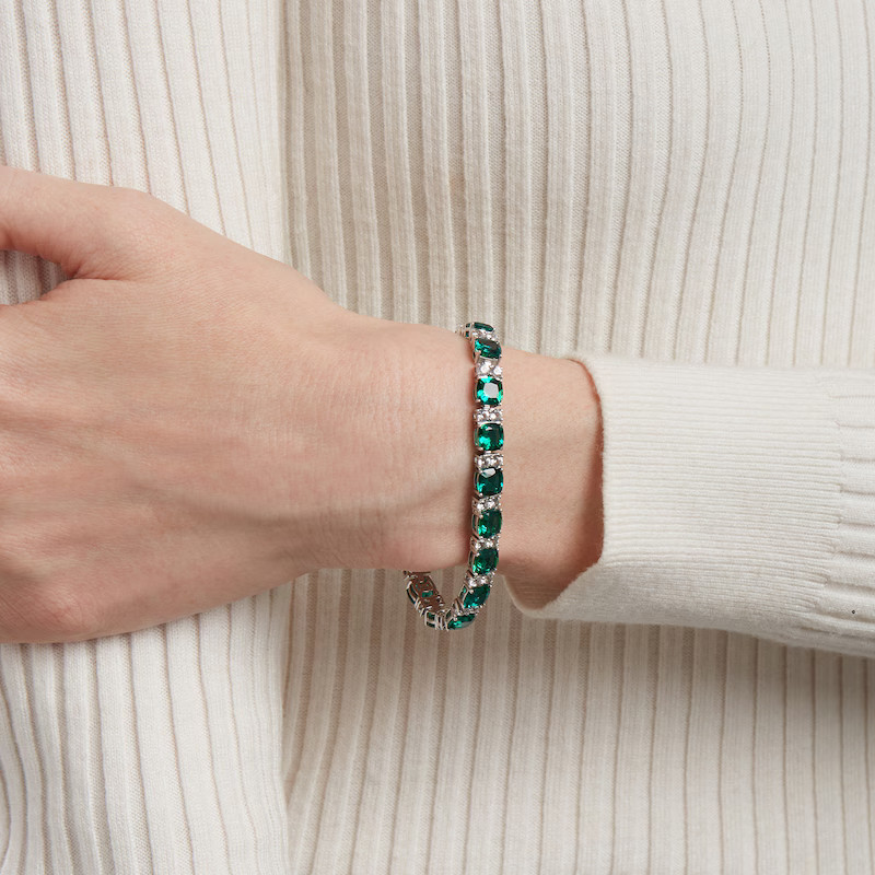 6.0mm Cushion-Cut Lab-Created Emerald and White Sapphire Alternating Link Bracelet in Sterling Si... | Zales