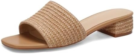 VICKI·VICKI Women’s Raffia Slide Sandals, Low Heel Square Toe Open Toe Slip On Sandals for Wom... | Amazon (US)