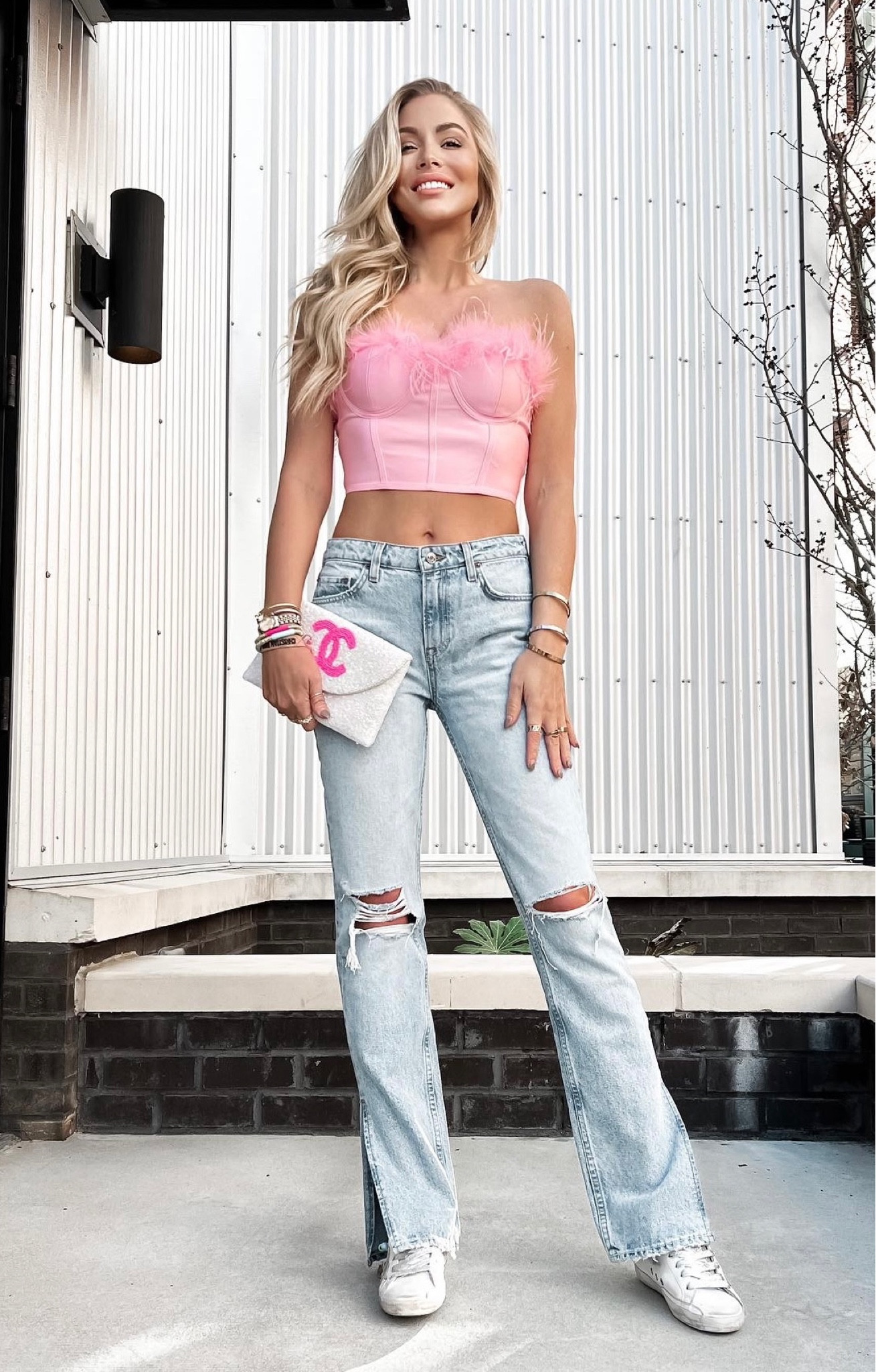 Valentines pink feather crop top bustier sexy low rise jeans flare jeans revolve sexy 