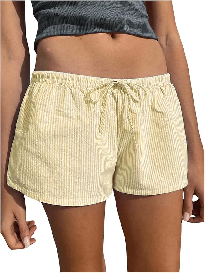 RoseSeek Women's Striped Shorts Print Drawstring Elastic Waist Shorts Casual Wide Leg Low Rise Su... | Amazon (US)