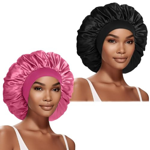 2 Pcs Extra Large Satin Hair Bonnet for Sleeping Cap 17 inches Jumbo Silk Sleep Bonnet for Women (Black & Pink) | Amazon (US)