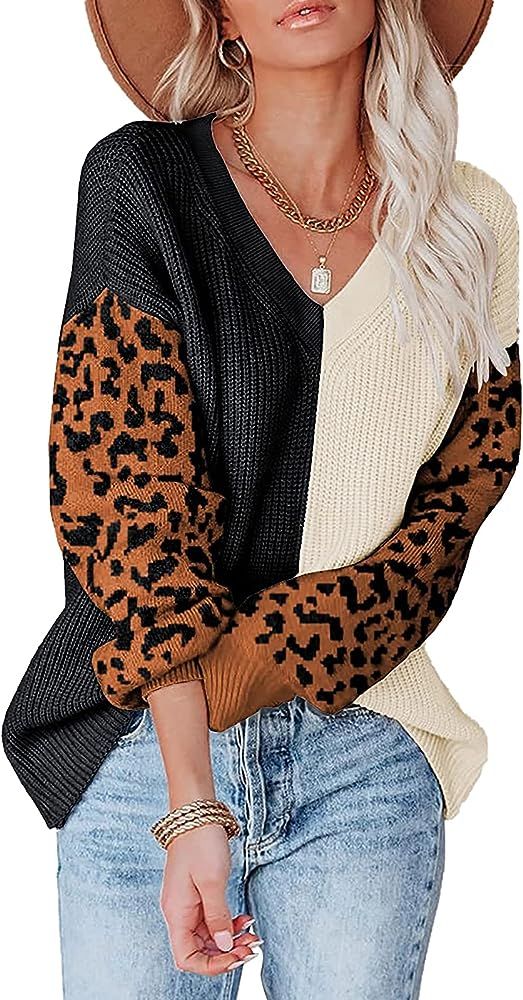 ANCAPELION Women’s V Neck Sweater Pullover Leopard Long Sleeve Basic Color Block Jumper Casual ... | Amazon (US)