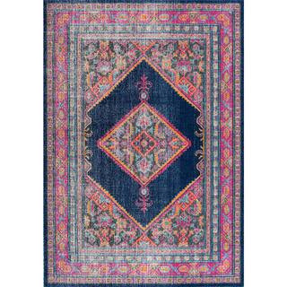 Adame Bordered Medallion Navy 5 ft. x 8 ft. Area Rug | The Home Depot