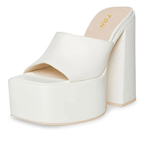 YDN Women Platform Mules Square Open Toe Slippers Slip on Clogs Chunky High Heeled Sandals Casual Beach Outfit Shoes Size 9.5 White | Amazon (US)