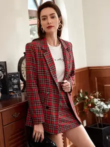SHEIN Notched Collar Double Breasted Tartan Blazer & Skirt Set | SHEIN