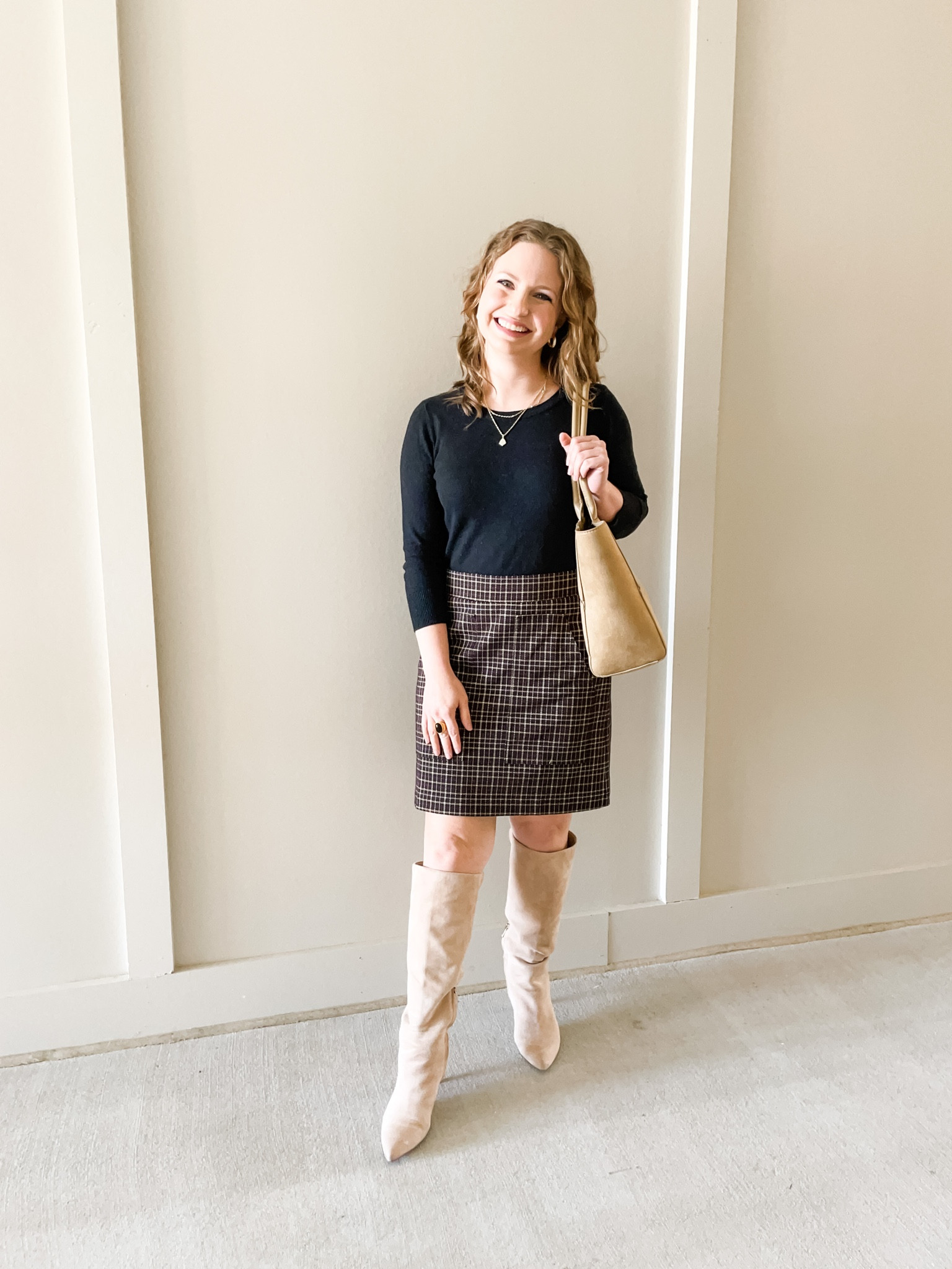 Plaid mini skirt and neutral suede knee high boots 

#LTKshoecrush #LTKworkwear #LTKSeasonal