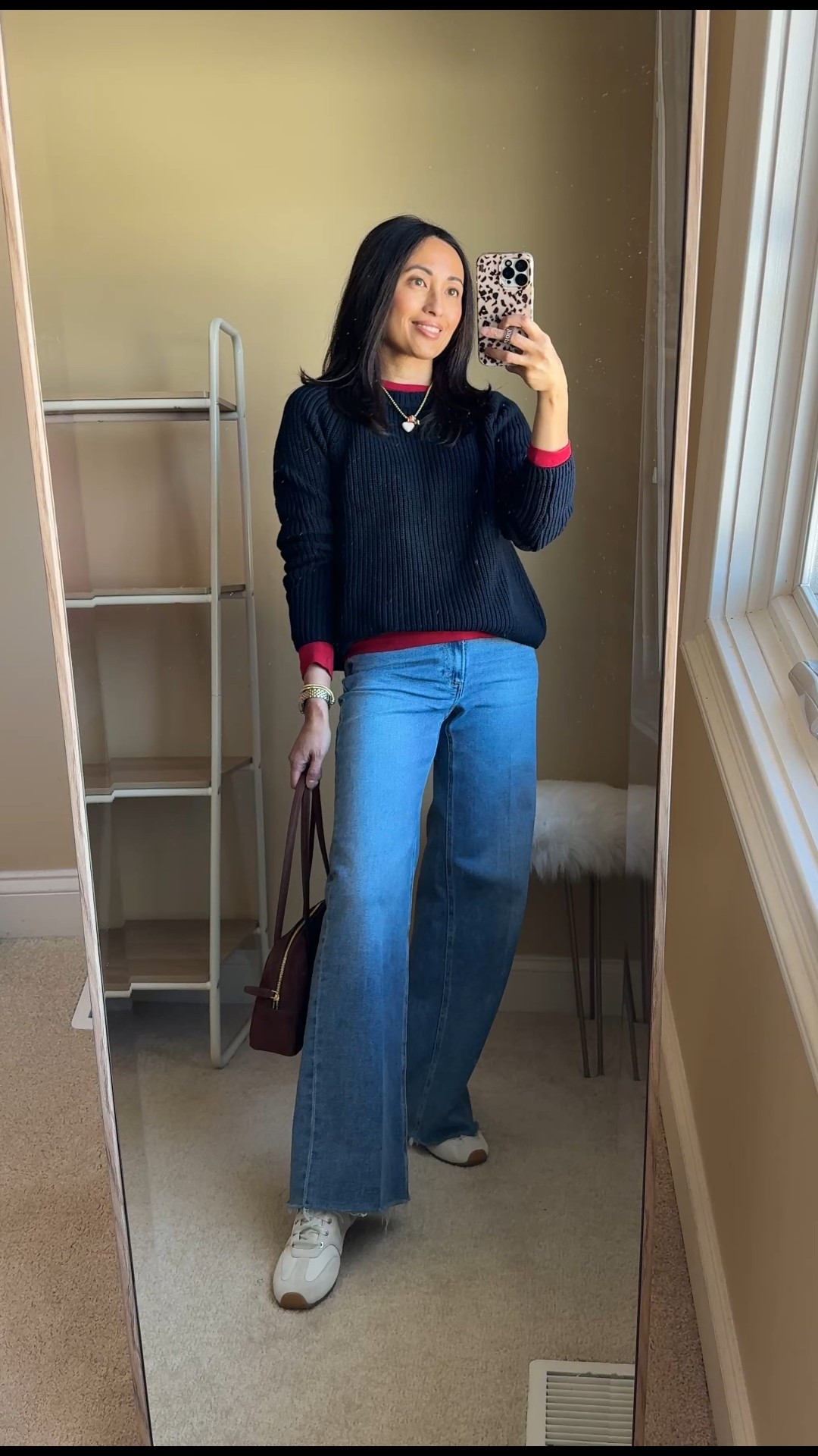Red as a base layer. 
-A white tee under a sweater with jeans has been my go-to outfit formula for winter. It never fails, but changing up the color of your base layer makes the look feel new. 
I love using red; it adds a pop to my neutral closet staples. 
I will also try with pink. 
If color isn’t your thing, then changing out your white base to even a gray t-shirt underneath helps things feel fresh. 

Exact red long sleeve t-shirt: I sized up. 
Linking other options. 

-I love these ballet sneakers. A splurge, but cost per wear on sale drew me in. The ribbon laces are everything. 
Linking options for trending ballet sneakers. 
And if you just want to re-fresh a pair of your favorite slim sneakers, try satin ribbon shoelaces. Linking options for those as well. 

-Charm necklace is a favorite and has been my most worn necklace since last year. The white heart charm is a recent addition. 


#LTKootd #LTKOver40