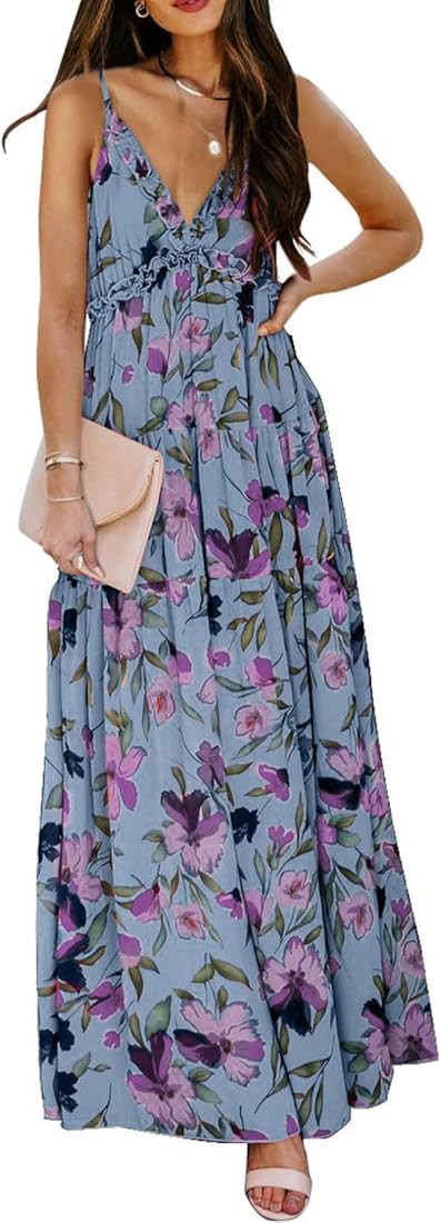 BLENCOT Women's Casual Boho Floral Printed Deep V Neck Loose Sleeveless Long Evening Dress | Amazon (US)