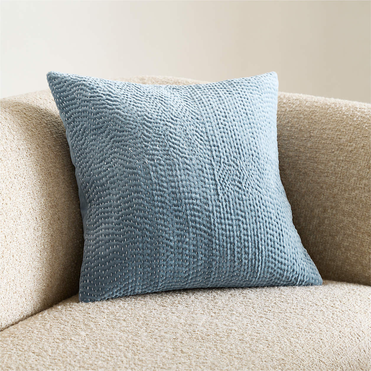 Sashiko Organic Cotton Velvet 20"x20" Blue Throw Pillow Cover + Reviews | Crate & Barrel | Crate & Barrel
