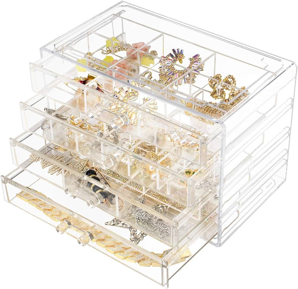 Weiai Acrylic Jewelry Box, 72 Grids Clear Jewelry Organizer with Adjustable Dividers, Large Capac... | Amazon (US)
