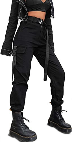 Women Edgy Relaxed Fit High Waisted Cargo Pink Camo Harem Black Pants with Pockets Back to School Outfits for Teen Girls Going Out Tops Black L | Amazon (US)