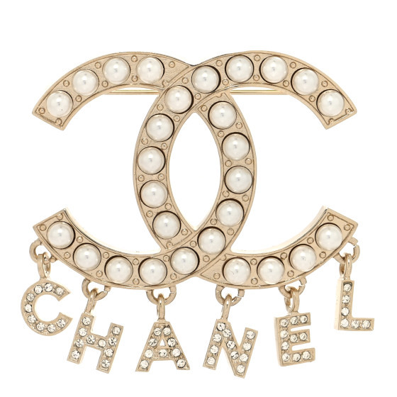 CHANEL Pearl Crystal Logo Drop Brooch Gold | FASHIONPHILE (US)