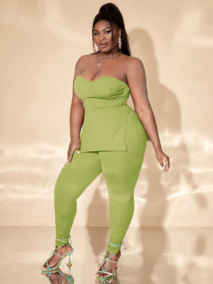 SHEIN SXY Plus Split Hem Rib-knit Tube Top & Leggings Set | SHEIN