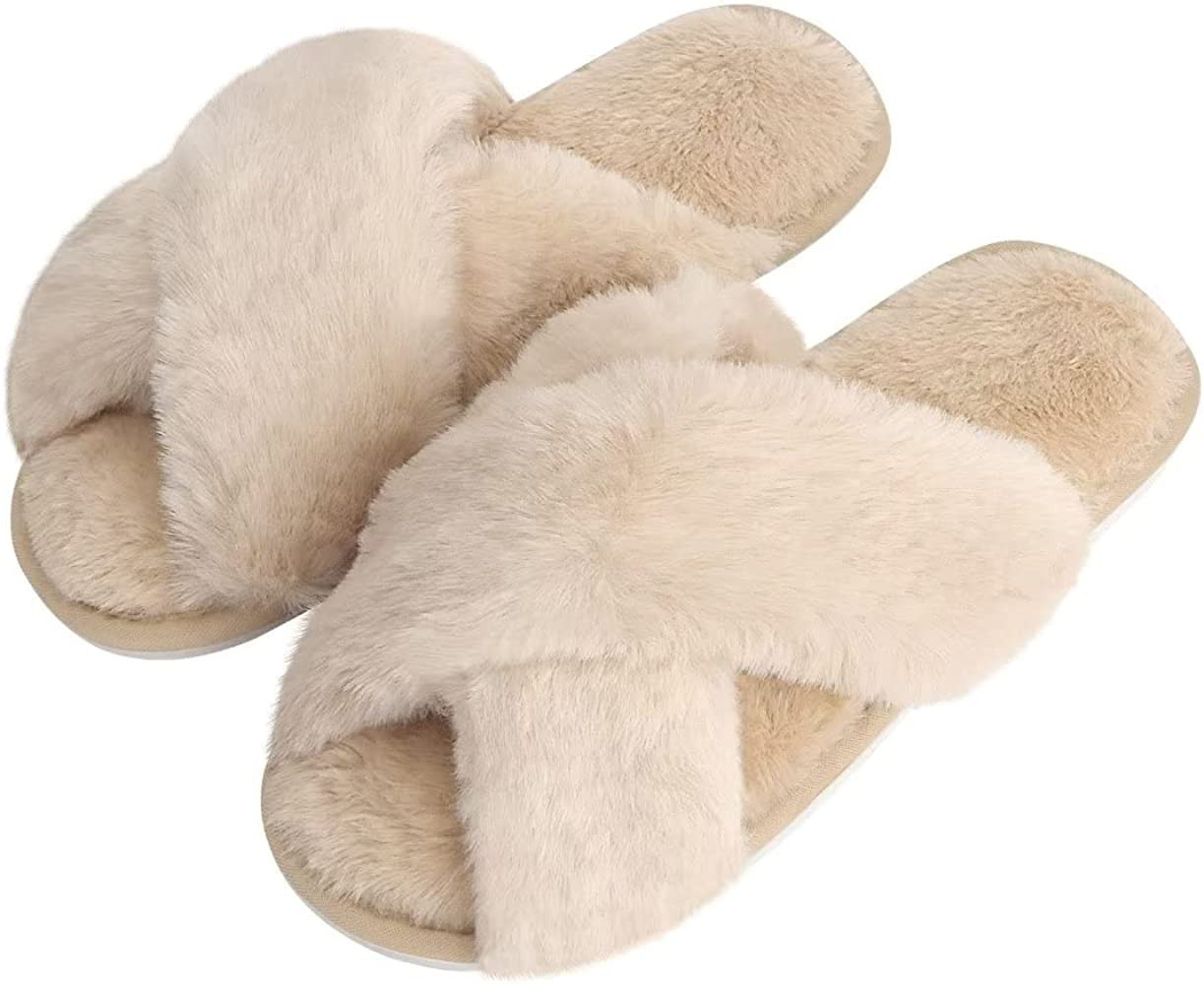 DOIOWN Women's Fuzzy Fluffy Slippers Cross Band Fluffy Slippers Faux Fur Slippers Plush House Ope... | Amazon (US)