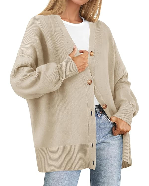 ZESICA Women's 2024 Casual Long Sleeve Cardigan V Neck Button Down Open Front Knit Loose Oversize... | Amazon (US)