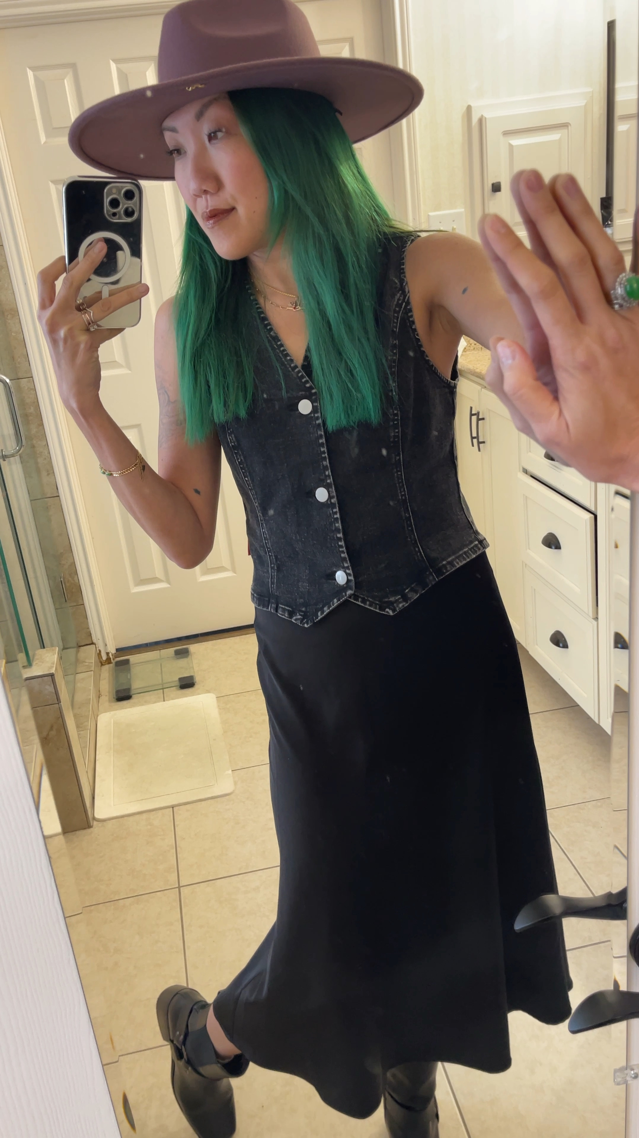 Country western casual - Satin skirt and denim vest with boots

#LTKFindsUnder50