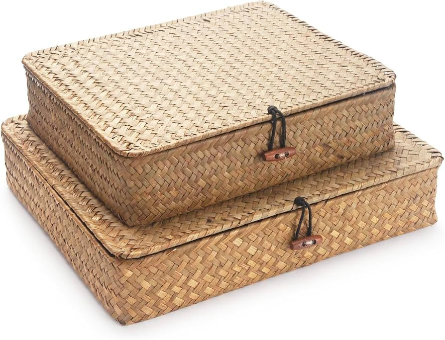 Seagrass Storage Baskets with Lid, Flat Wicker Basket, Shallow Woven Basket for Shelf, Decorative... | Amazon (US)