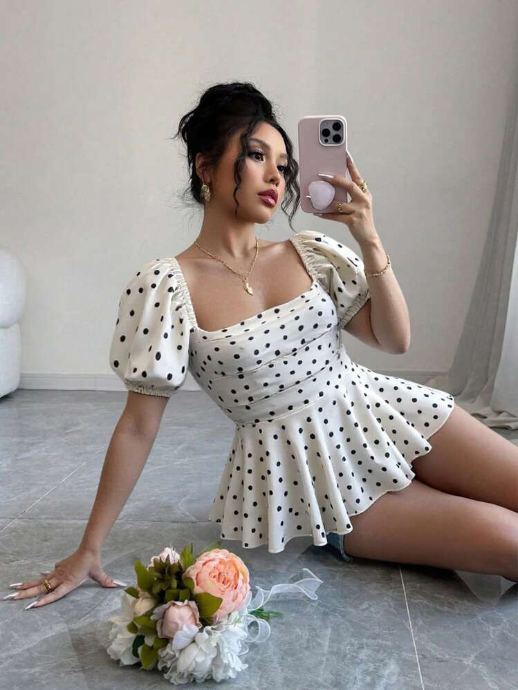 Rafferiza Women's Summer Square Neck Puff Sleeve Fitted Elegant Polka Dot Top | SHEIN