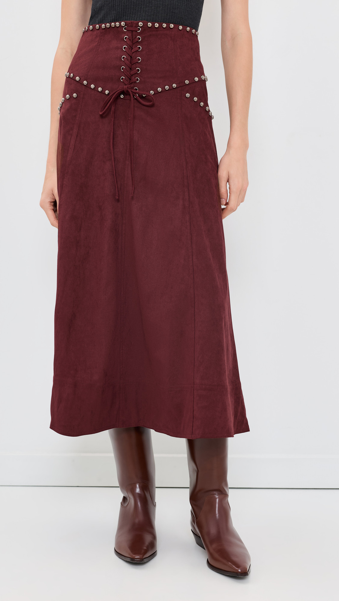 Moon River Studded Front Lace Up Faux Suede Midi Skirt Oxblood M | Shopbop
