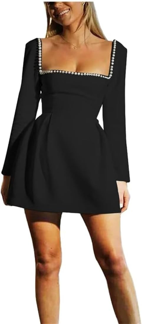 Womens Simple Wedding Dresses for Brides Long Sleeve Square Neck Ruched Satin Short Bridal Gowns | Amazon (US)