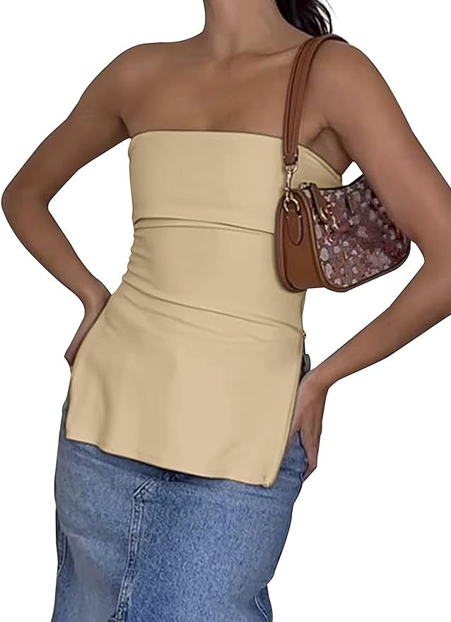 MISSACTIVER Women Sexy Zipper Split Side Strapless Backless Tube Top Off Shoulder Sleeveless Soli... | Amazon (US)