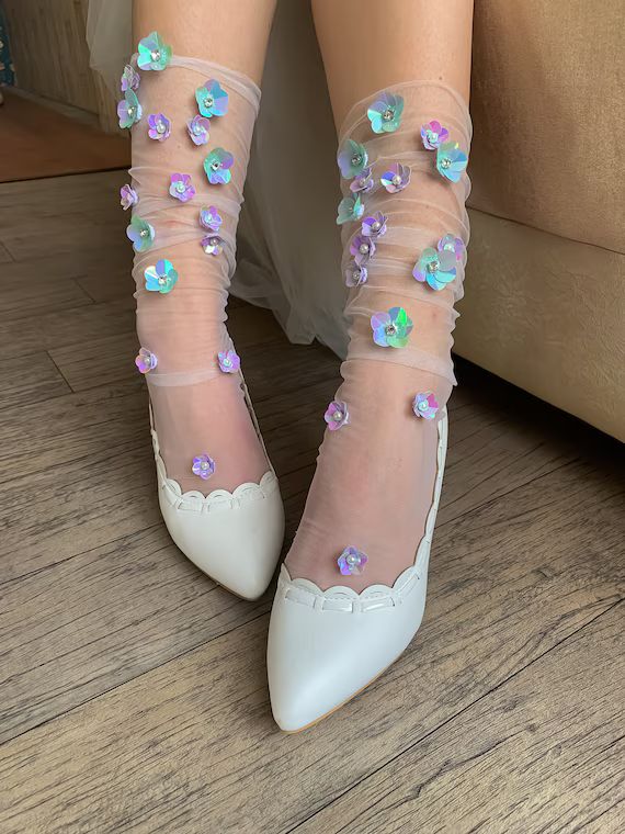 Ultra Violet Tulle Socks White/Ivory  3D Holographic Flower | Etsy | Etsy (US)