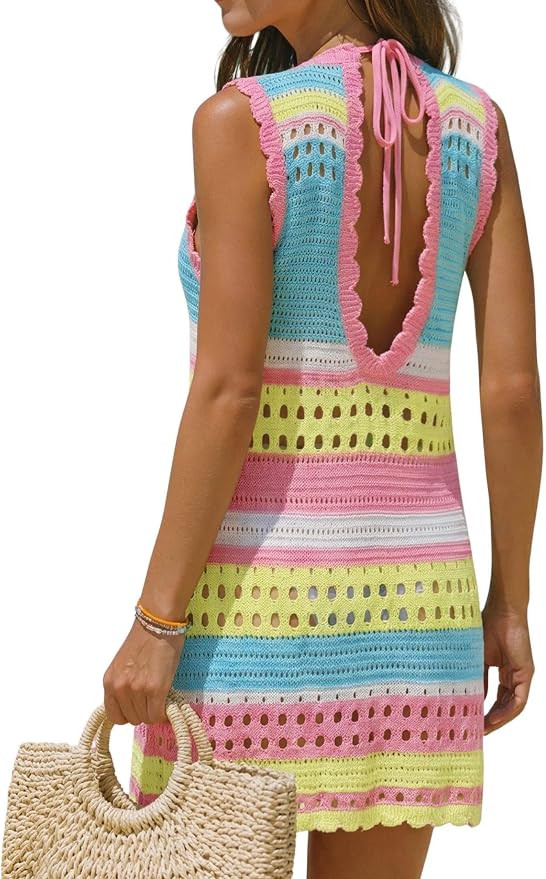 popvil Women’s Swimsuit Crochet Cover Up Sleeveless Color Block Knit Bathing Suit Swimwear with... | Amazon (US)