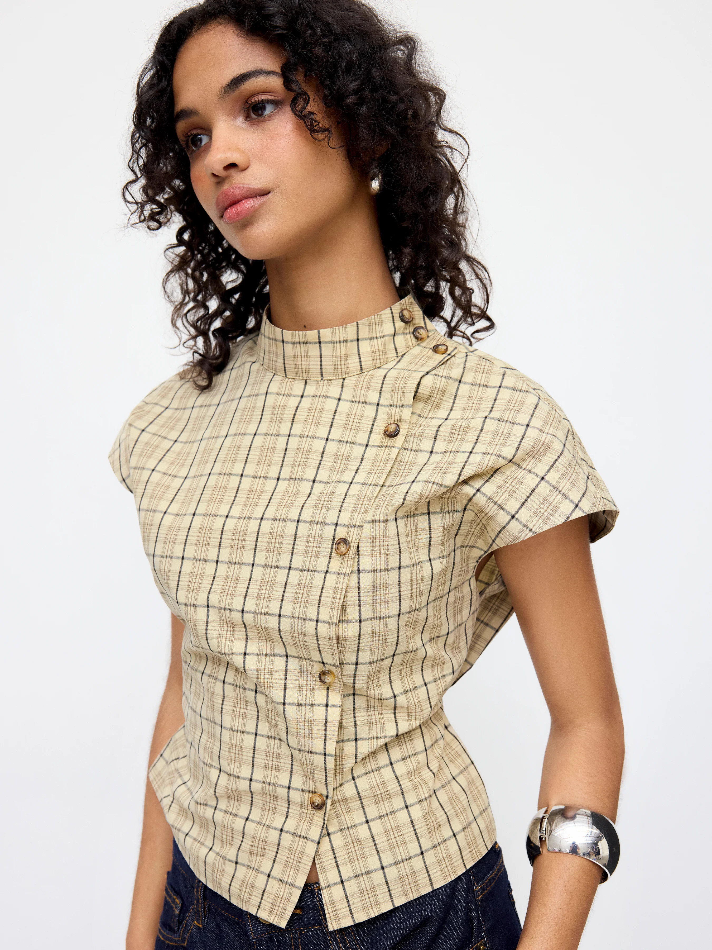 Woven 100% Cotton Plaid Stand Collar Tie Back Blouse For Daily Casual Work | Cider