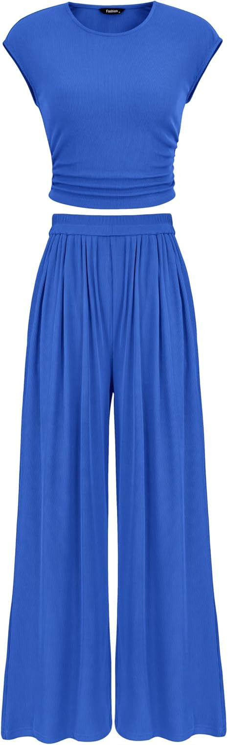 PRETTYGARDEN Women's Summer 2 Piece Outfits 2026 Cap Sleeve Ruched Slim T Shirt Ribbed Knit Wide ... | Amazon (US)