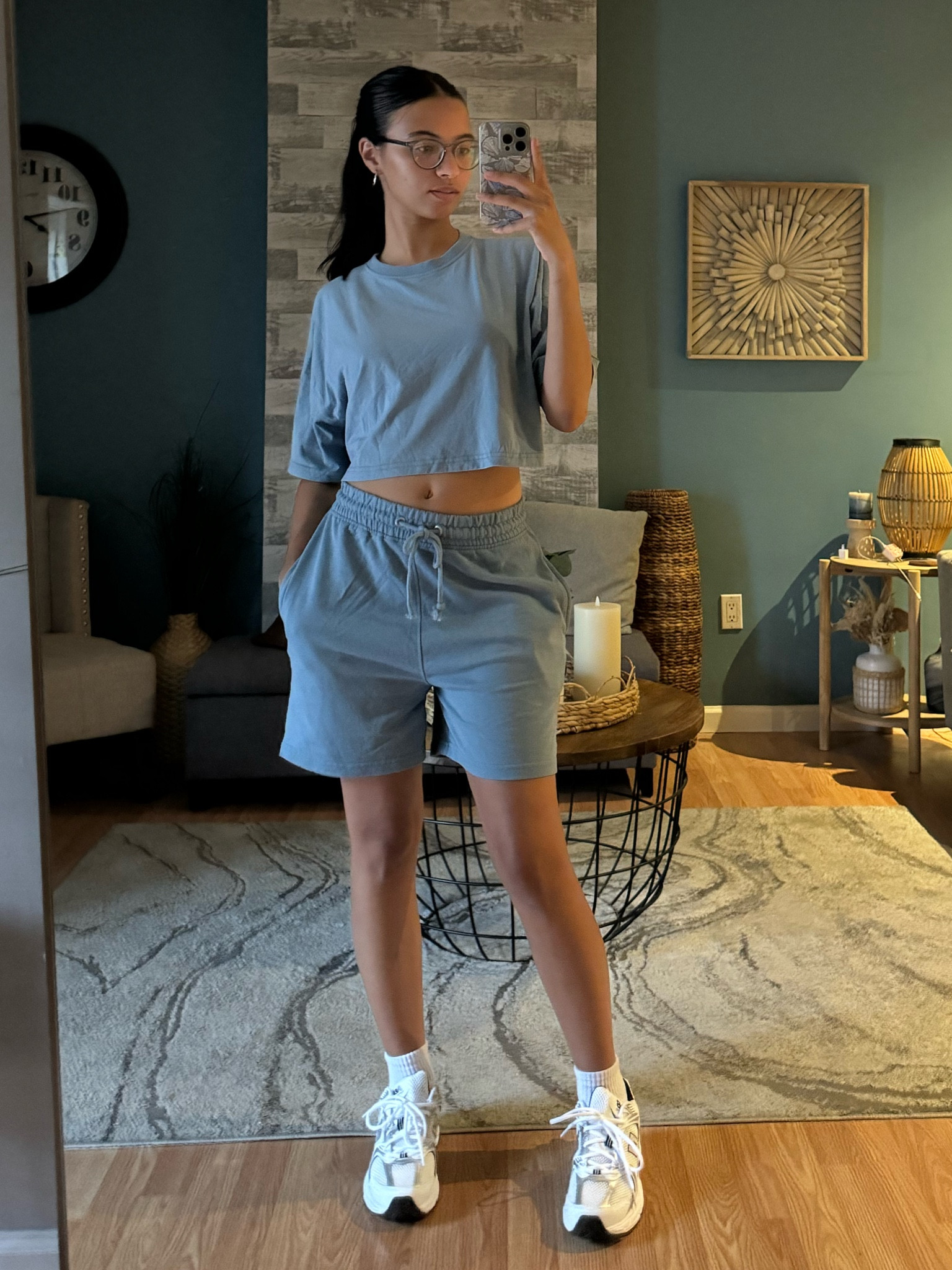 Blue two piece set, two piece set, summer set, summer two piece set, spring set, matching set, white socks, new balance 530, comfy sneakers, new balance sneaker, silver earrings, silver jewelry 