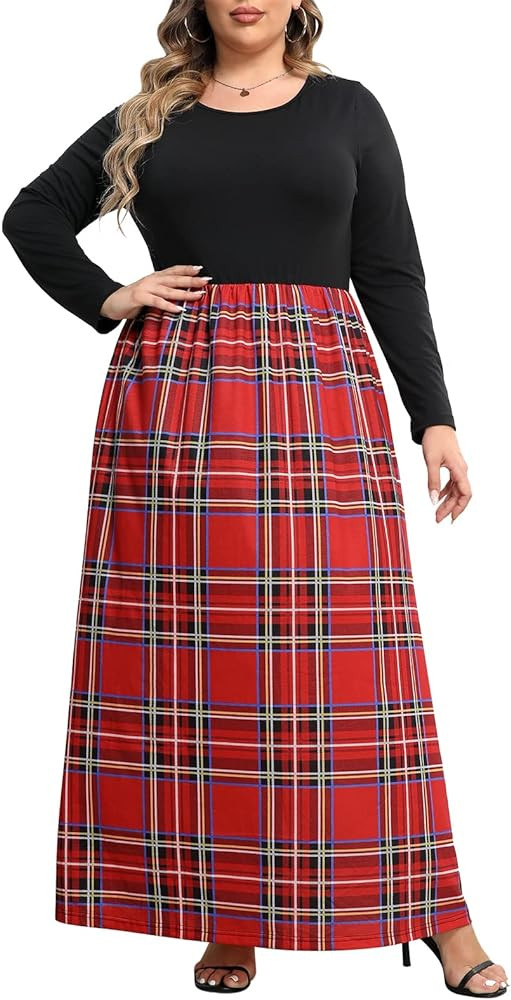 Nemidor Plus Size Maxi Dresses for Curvy Women Casual Long Sleeve Chevron Print Long Dress with P... | Amazon (US)