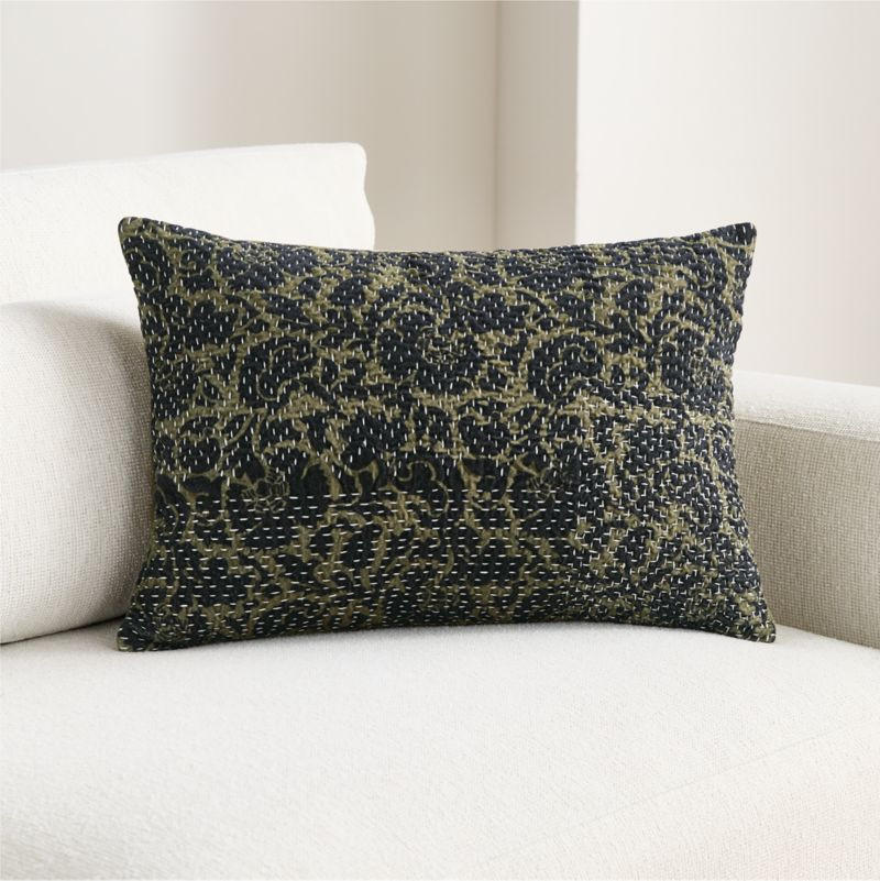 Sashiko Floral Organic Cotton Velvet 22"x15" Moss Green Throw Pillow Cover | Crate & Barrel