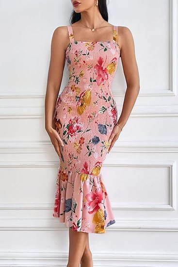 PRETTYGARDEN Women's Summer Floral Midi Tank Dress Sleeveless Strappy Ruffle Hem Smocked Bodycon ... | Amazon (US)
