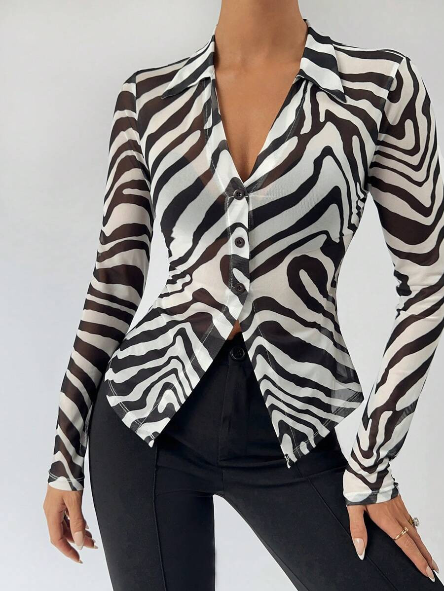BizChic Women's Autumn Turndown Collar Zebra Striped Button Mesh Top (Bra Not Included), Urban Commute Business Casual Outerwear, Suitable For Christmas, Halloween, Party, Wedding Guest | SHEIN
