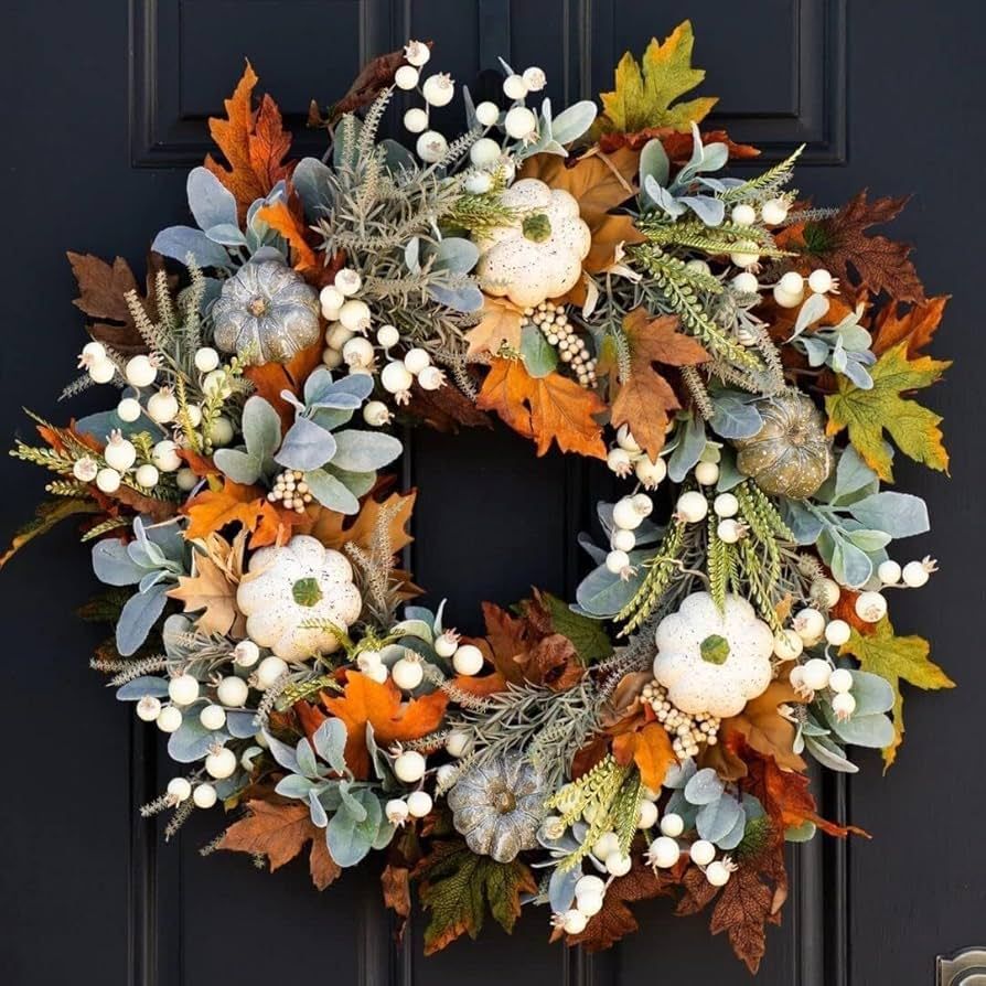 Artificial Fall Wreaths for Front Door Rustic Autumn Wreath with Pumpkin,Rose,Berry Branchesm,Mix... | Amazon (US)