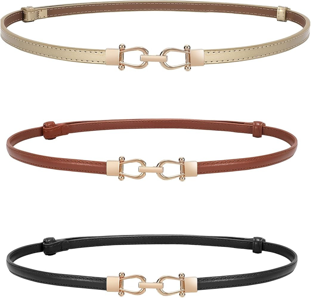 WERFORU Women 3 Pack Skinny Belt for Dress,Thin Waist Belt - Adjustable Leather Belt with Gold Bu... | Amazon (US)
