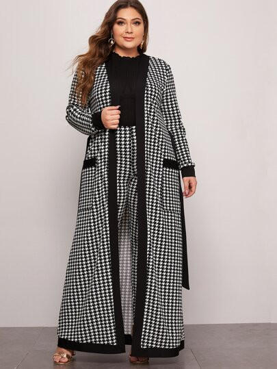 SHEIN Plus Patch Pocket Belted Houndstooth Coat & Leggings Set | SHEIN