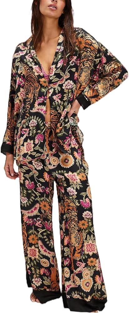 LILTWIST Silk Satin Pajamas Set for Women 2 Piece Floral Pjs Wide Leg Lounge Pants Set Long Sleev... | Amazon (US)