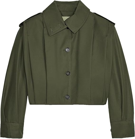 Women's Cropped Pleated Jacket Long Sleeve Collared Button Down Casual Short Trench Coat Spring F... | Amazon (US)