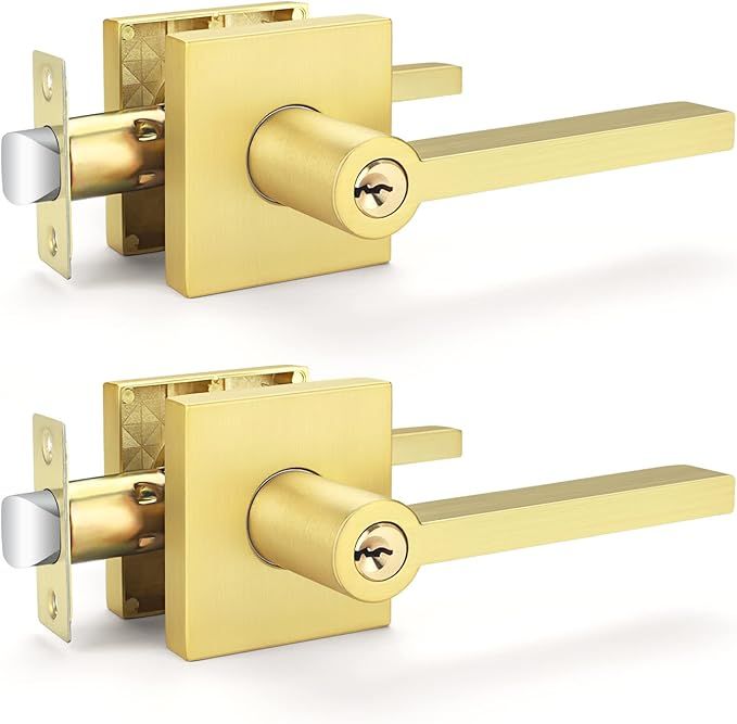 EHOMEWARE 2 Pcs Satin Brass Door Handles, Interior/Exterior Door Knobs with Lock and Key, Gold En... | Amazon (US)