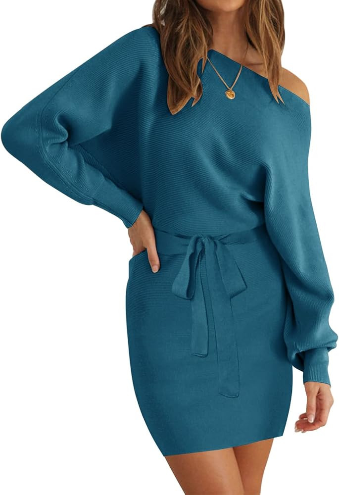 YORGOS Women's Long Batwing Sleeve Off Shoulder Sweater Dress Ribbed Knit Belted Bodycon Mini Dre... | Amazon (US)