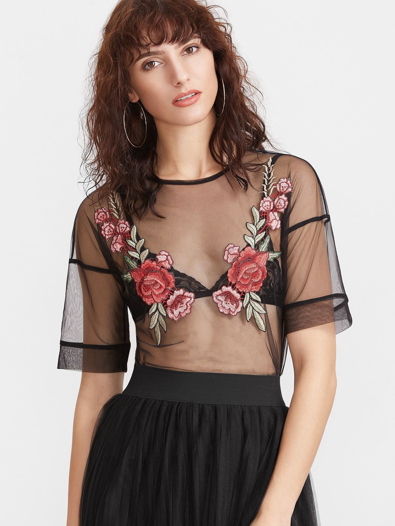 Embroidered Rose Applique Sheer Mesh Top | SHEIN