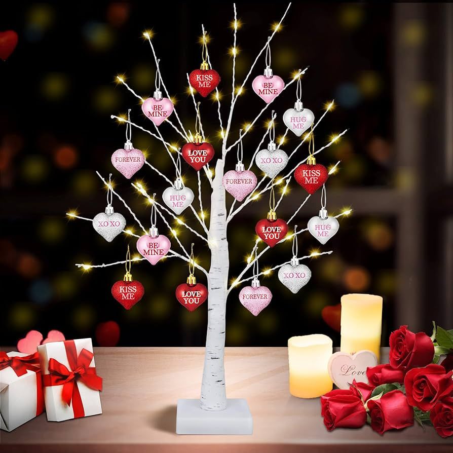 [Timer] Valentines Day Decor 24 Inch Valentines Day Decoration Lighted Tree with 18 Heart Ornamen... | Amazon (US)