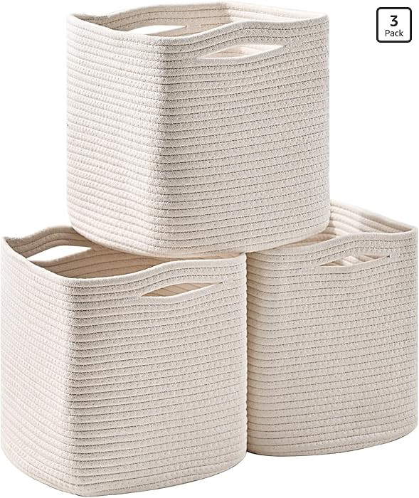 11 Inch Cube Storage Bins, Organizer Bins, Woven Cotton Rope Baskets for Storage, Storage Baskets... | Amazon (US)
