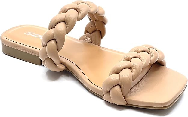 SODA VAULT Women's Square Open Toe Flat Sandals Braided Strap Slip-on Slides Woven Sandals | Amazon (US)