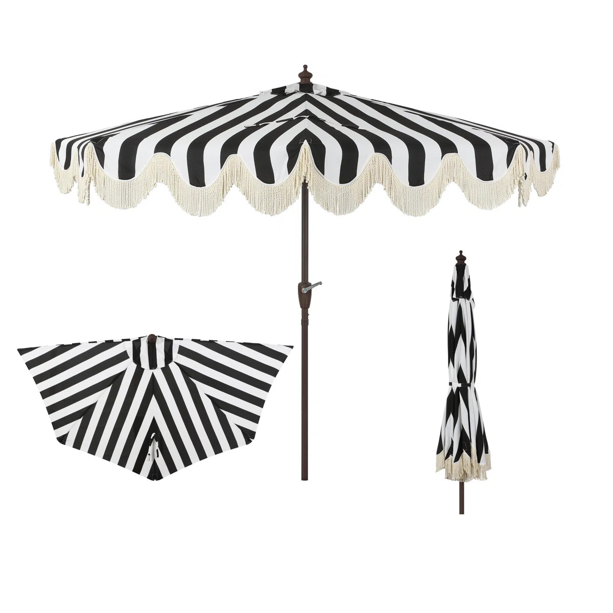 Beverly 9 ft. Coastal Space-Saving Half Patio Umbrella with Scalloped Fringe, Crank & Tilt, Black... | Wayfair North America
